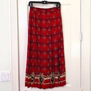 Vintage Susan Bristol Red Black & Gold Tartan Pleated Midi Skirt Fox Hunt Themed